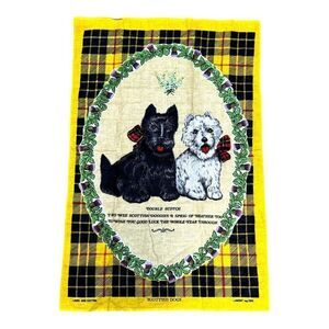 Vintage Lamont Scottish Dogs Tea Towel Scottie Yellow Black Plaid Boho KItsch